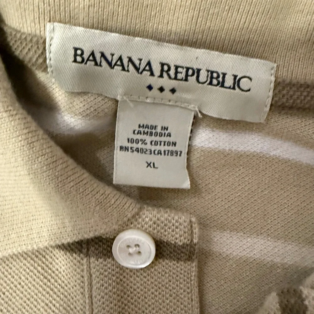 Banana Republic Mens Tan Olive Green Striped Pique Polo Shirt Short Sleeve XL